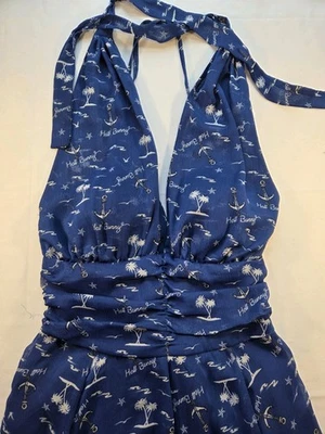 Hell Bunny Vixen Women's Blue Halter Dress Size M, Anchor Palm Tree & Logo Print - Image 1 of 4