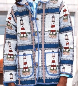 NWOT Blair Lighthouse Tapestry Chore Coat XL Sailboat Jacket Pockets Shacket Vtg - Picture 1 of 9