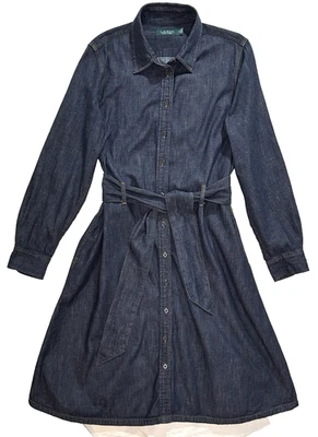 Ralph Lauren Denim Midi Shirt Dress Sz 12 Dark Blue Belted Button Front Long SL - Image 1 of 4