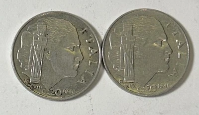 Italia 20 Centesimi 1940 y 1941. Monedas de la Segunda Guerra Mundial. “Dos cabezas” Foto 1 de 2