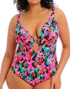 Elomi Savaneta Swimsuit Black Floral Size 42G 20 Non Wired Plunge 801343 New - Picture 1 of 12