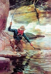 Fisherman with Pole, and net over Stream by Phillip Goodwin - Picture 1 of 1
