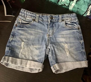 Arizona Jeans Denim Blue Distressed Bermuda Shorts Cuffed Hem Cotton Girls Sz 8 - Picture 1 of 5