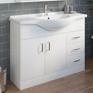 Gloss White 1050mm Bathroom Vanity Unit & Basin Sink Floorstanding Tap + Waste - Picture 1 of 14