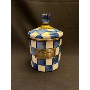 Mackenzie Childs Canister Royal Check with Lid Enamel Size Medium 7.75” Blue EUC - Picture 1 of 9