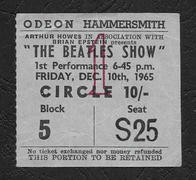 Beatles original vintage concert ticket, London UK 1965 Tour, Paul McCartney - Image 1 of 2