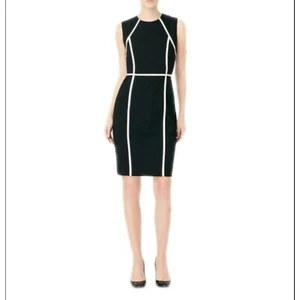 Calvin Klein Black Bodycon Career Dress White Piping Sz 10 EUC Office Workwear - Picture 1 of 8