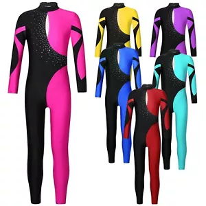 UK Kids Girls Leotard Rhinestone Bodysuit Contrast Color Jumpsuit Dance Clothing - Picture 1 of 59