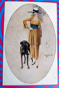MONESTIER PC Travel Illustrator 1918 Elegant Lady with Dog Glamour Girl Dog - Picture 1 of 2