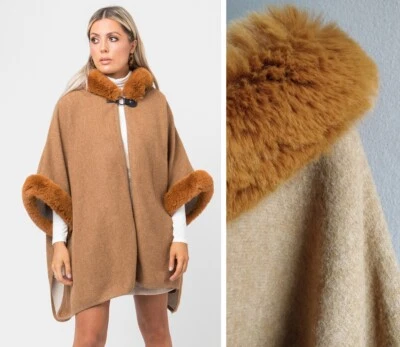 NEW Cape Poncho Overcoat Fur Hood open oversize Batwing Loose Woolen - Image 1 of 4