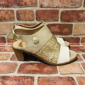 Lindsay-Phillips Elise Gold Glitter Peep-Toe Sling back 2” Heel Bootie Sz-9.5 - Picture 1 of 8