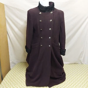 NUAGE Wool & Cashmere Fit & Flare Long Coat Acetate Fur Collar Purple Burgundy - Picture 1 of 16