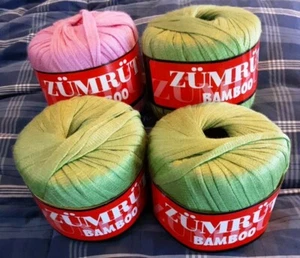 4 Balls ZUMRUT 100% Bamboo-1 Pink/3 Green Soft Ribbon Tape Yarn 100gr 77yds Each - Picture 1 of 3