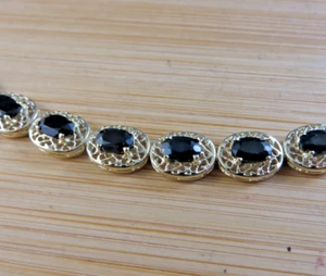 Vintage 10k Yellow Gold Filigree Genuine Dark Blue Sapphire Tennis Bracelet #405 - Picture 1 of 22