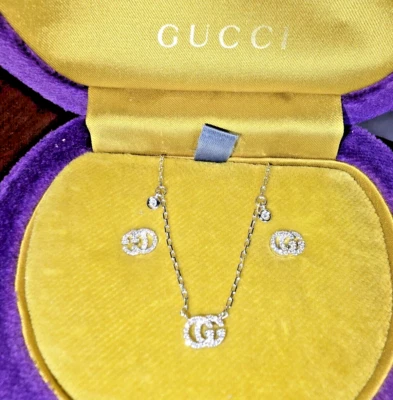 $4895 Authentic Gucci 18K Diamond GG Running  Necklace  And Earrings Set - Image 1 of 4