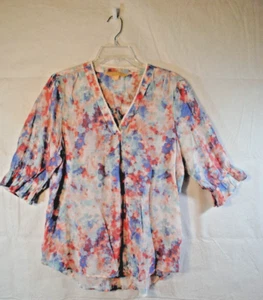 Hope & Harlow White V-Neck Blouse Ruffle Sleeve Tunic Size L Watercolor Floral - Picture 1 of 7
