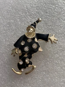 Vtg Enamel Articulated CLOWN Brooch/Pin Gold Tone Black w/Rhinestone Moving Legs - Imagen 1 de 10