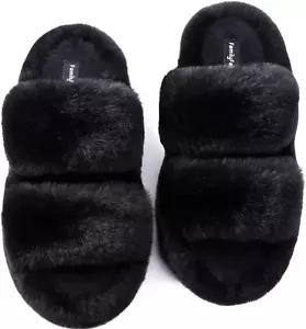 Women'S Fluffy Faux Fur Slippers Comfy Open Toe Two Band Slides - Picture 1 of 26