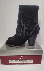 Breckelle's Women's Suede Fringe Cowgirl Mid Calf Boot Low Block Heel Sz 7 Black - Picture 1 of 11