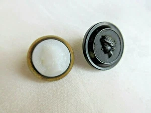 6503 – Two Antique Head Motif Buttons, 1 White Glass Cameo in Brass, 1 Black - Picture 1 of 7