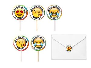 30 Emoji Birthday Stickers Lollipop Labels Party Favors 1.5 in PERSONALIZE ANY