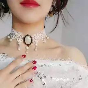Sexy Elegant White Lace Pearl & Crystal Pendant Victorian Style Choker Necklace - Picture 1 of 9