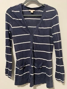 Banana Republic Women Medium Cardigan Sweater Navy Blue Striped Preppy Academia - Picture 1 of 7