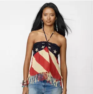 Denim & Supply Ralph Lauren Halter Top American Flag Patriotic Fringe Medium NWT - Picture 1 of 6