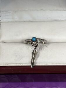 ❤️ TURQUOISE  STERLING SILVER FEATHER DANGLE RING, Sz 5.5