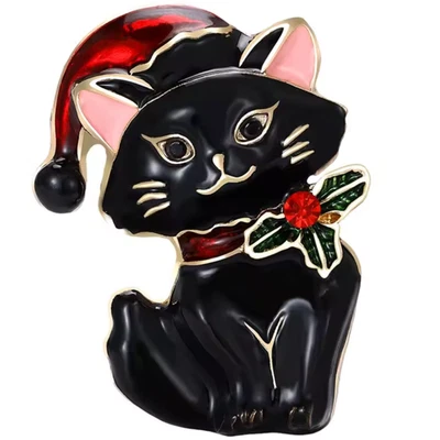 Broche de gato negro de Navidad esmalte sombrero de Santa cristal acebo prendedor joyería navideña Gi Foto 1 de 4