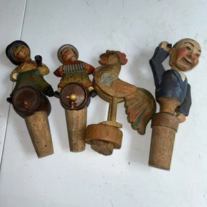 LOT OF 4 VTG. HAND CARVED WOODEN WINE BOTTLE CORK HEADS - Picture 1 of 5