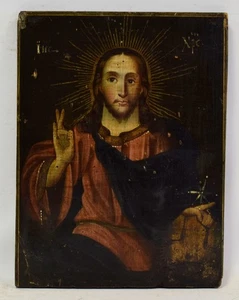 XIX secolo, antica icona "Cristo Pantocratore" 28,5 x 22 cm - Foto 1 di 9