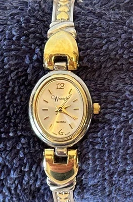 Women’s Wrangler Quartz Watch–Gold & Silver Tone Heart Stretchy Band-Untested - Image 1 of 4