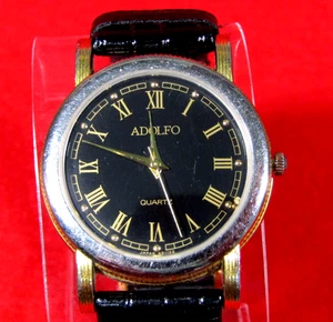 Vintage Adolfo Wristwatch 32mm Gold Tone Faux Leather Band New Battery Unisex - Picture 1 of 9