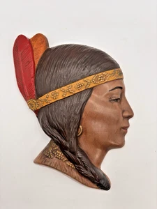 Vintage 70er Jahre Indianer Indianerin Profil Kopf Figur Wandhänger - Bild 1 von 2