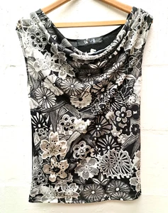 Desigual Floral Black And White Sleeveless Cowl Neck Top Size L - Picture 1 of 6