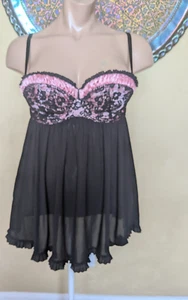 Cacique Black & Pink Women's Plus Size Padded Push Bra Babydoll Nightie Size 1X - Picture 1 of 6