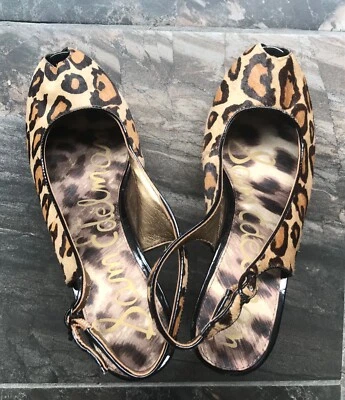 Sam Edelman Novato Estampa de Leopardo Cabelo de Bezerro Salto Peep-Toe ~ 8,5M - Imagem 1 de 4