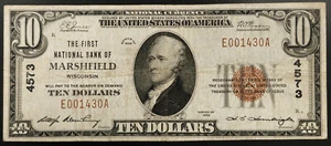 1929 $10 National Currency, The First National Bank of Marshfield, Wisconsin! - Picture 1 of 4