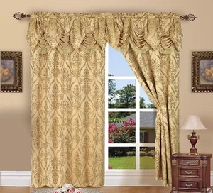 Gold Floral Damask Curtains Set 2 Panels Drapes Pair Valance 84-Inch Darkening - Picture 1 of 7