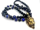 Mens Black Onyx and Lapis Lazuli Lion Pendant Necklace 10mm beads