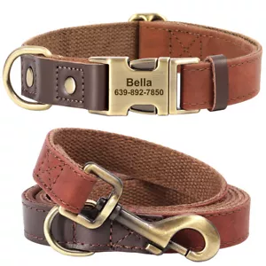 Personalised Real Leather Dog Collar and Lead/Leash set Custom ID Brass Buckle - Picture 1 of 29