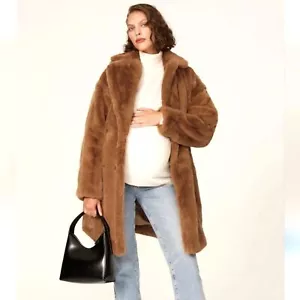 Emilia George Annabette Women's Camel Brown Faux Fur Teddy Maternity Coat size L - Picture 1 of 14