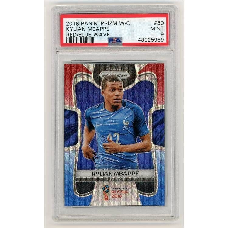 2018 Panini Prizm World Cup Soccer #80 Kylian Mbappe Red Blue Wave PSA 9