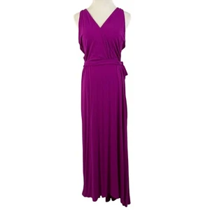 Ann Taylor Dress Women's Large Sleeveless V Neck Tie Waist Jersey Maxi Purple - Picture 1 of 14