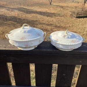 2 Theodore Haviland Limoges Frankreich bedeckt rund Gemüseschalen rosa Blumen - Bild 1 von 24