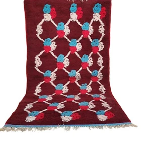 Vintage Moroccan Rug Handmade Fringe Deep Maroon Berber Carpet Unique Design 6x3 - Picture 1 of 24