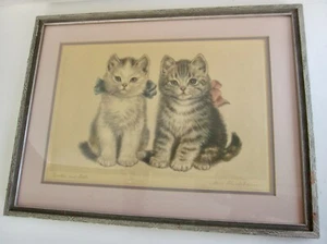 Signed Meta Pluckebaum Brother & Sister Kitty Cat Colored Litho Original Frame - Picture 1 of 6