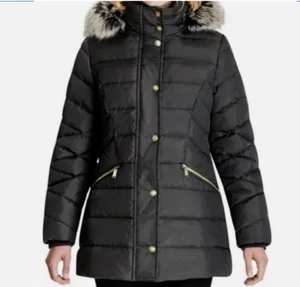 LONDON FOG Women's  Down  Coat Faux-Fur Trimmed Hood L822862B74 Black M - Picture 1 of 10