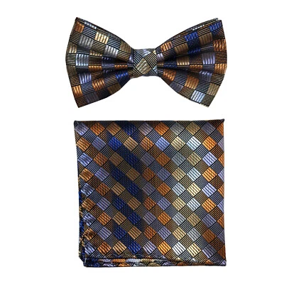 Conjunto de pajarita y pañuelo preatado de microfibra para hombre a cuadros azul marrón gris Foto 1 de 4